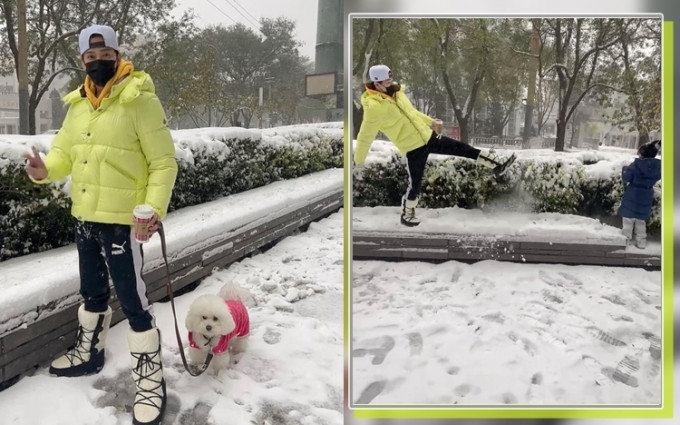 因为落雪，陈晓东着到好型咁出街玩雪。