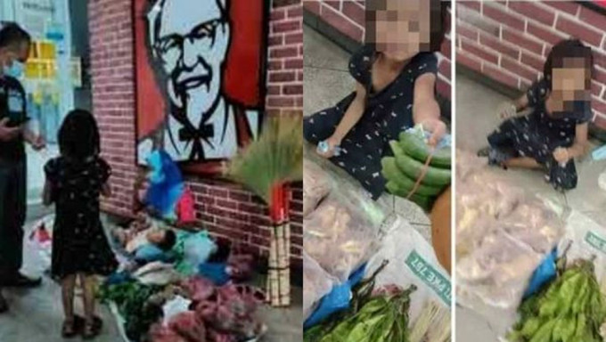 马来西亚网民发布6岁女童独带1岁弟摆地摊卖菜照片。FB图