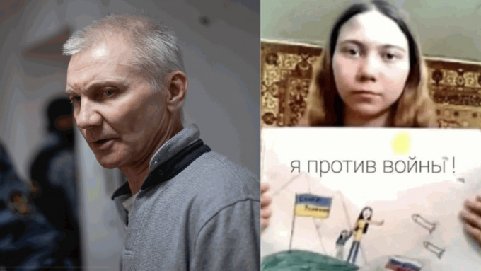 莫斯卡廖夫（Alexei Moskalyov，左）因女儿画的一幅画而被查及获刑。 美联社/网上图片
