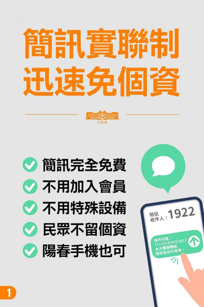 台湾推出简讯实联制。行政院图片