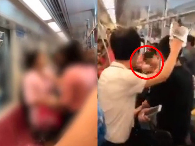 兩年輕媽媽地鐵上因小孩坐得太迫，與鄰座大打出手，穿粉紅衣服的女子，衫都被撕開，場面尷尬。（網圖）