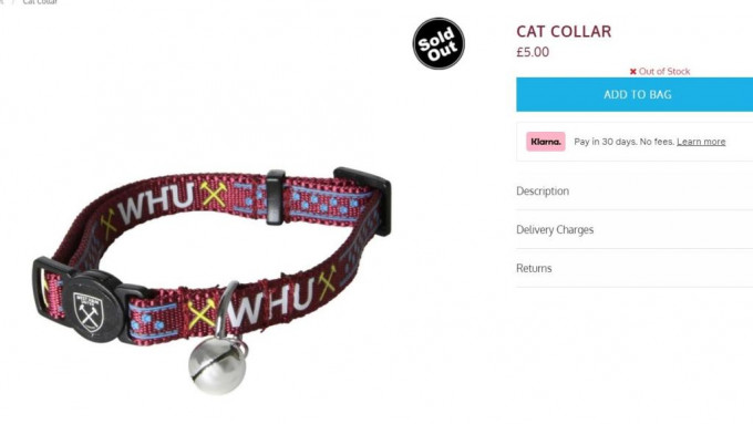 韋斯咸貓隻collar因蘇馬虐貓事件賣斷市。 網上圖片
