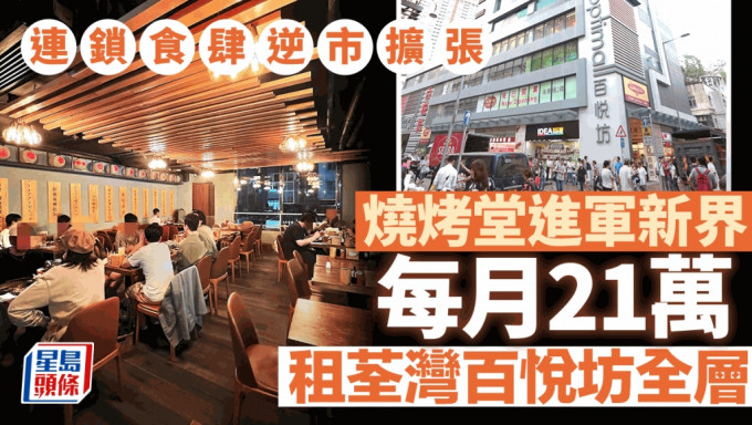 连锁食肆逆市进驻新界 烧烤堂21万租荃湾百悦坊全层 尺租32元