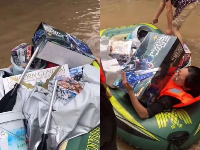 重慶女孩洪水中救出男友心愛的高達模型：「我會游泳，他不會」。(網圖)