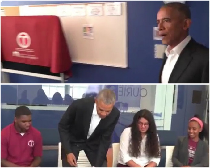 奥巴马突走入课室与一群学生谈话。网图