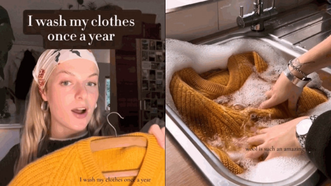 英国女子西德尼（Cydney）分享悭水心得，羊毛衫一年只洗一次。 TikTok