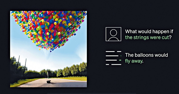 GPT-4被問到圖中的繩子若被剪掉，會發生甚麼事？它回答說那些氣球會飛走，顯示它可進行邏輯推理。