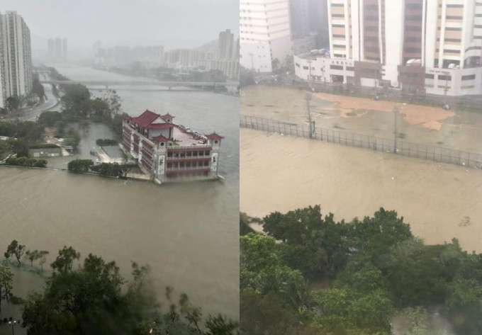 圖左：沙田畫舫ClubONE，亦被河水包圍；賽馬會傑志中心亦被淹浸。