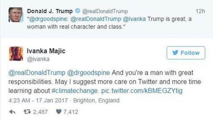 馬伊奇收到特朗普轉發的留言後回覆。Ivanka Majic Twitter