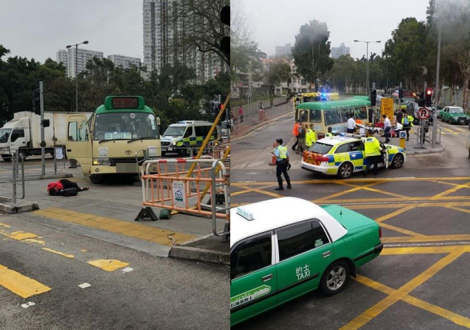 专线小巴铲上安全岛，撞倒一名女途人。网民Koonhung Tsang、Yu Hang Leung摄/ fb群组「香港突发事故报料区」