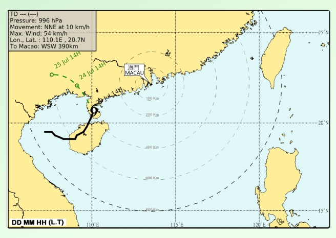 下午3時，熱帶低氣壓集結在澳門西南偏西約 390 公里，大致趨向廣東西岸。網圖