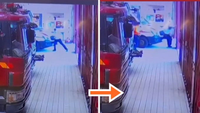 消防处证实一辆救护车早上失控溜前，一名救护员受伤。网上影片截图