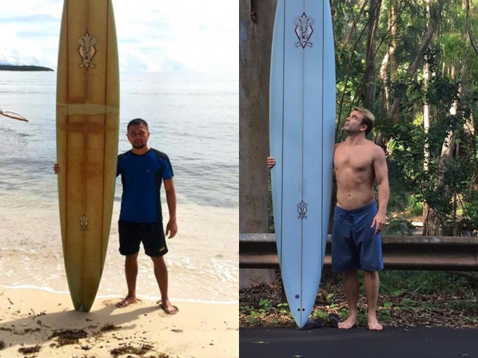 佛爾特(右)兩年多前在夏威夷弄丟衝浪板，竟被巴蘭蘇拉(左)尋獲。網圖