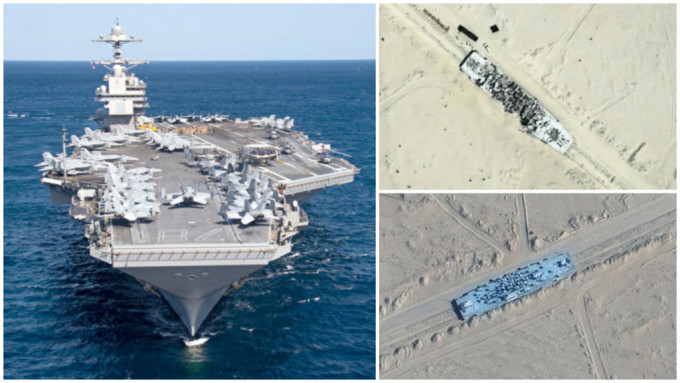 中国在新疆沙模建的移动版美国「福特」号航母(左)靶舰(右下)被完全摧毁(右上)。