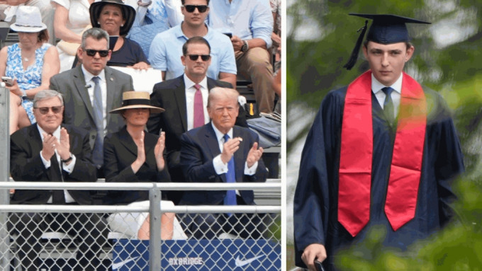 特朗普与妻子、岳父一同出席幼子巴伦的高中毕业礼。 美联社