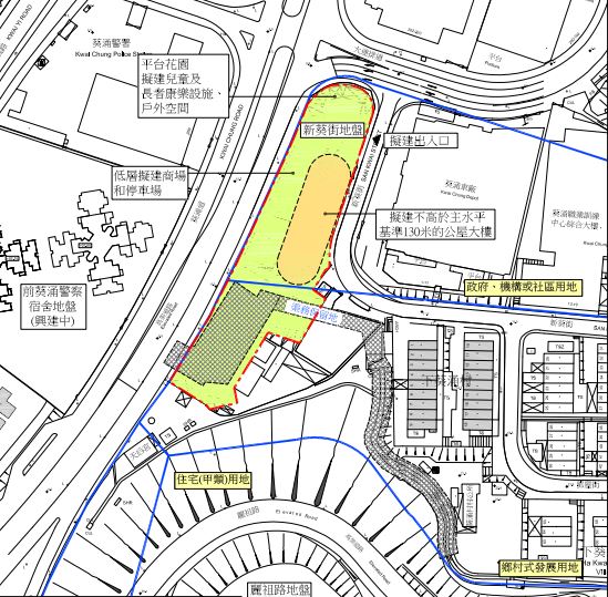 根据葵青区议会文件，建议的公屋发展地盘位于葵涌路、大连排道和新葵街交界。文件截图