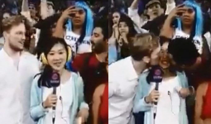 有線女記者在國際七人欖球賽決賽上直播期間，被兩名外籍男觀眾同時強吻兩邊面頰。影片截圖