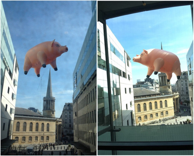 BBC廣播大樓內出現一隻飄浮在半空的粉紅吹氣肥豬。網圖