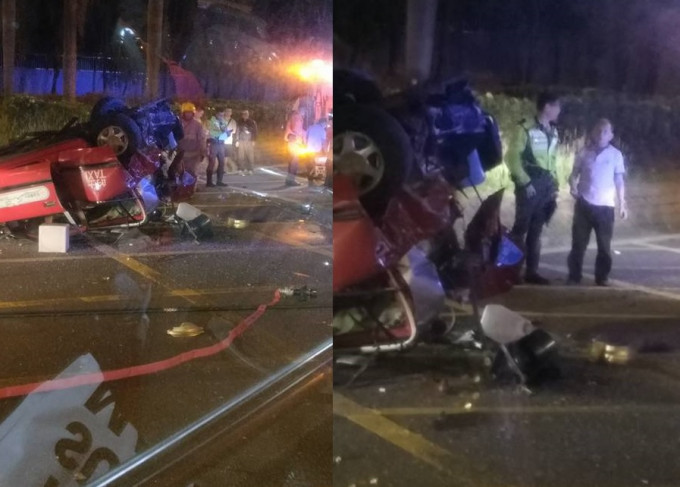 葵青交汇处晚上发生4车相撞，其中的士被撞至「反肚」。香港突发事故报料区fb群组