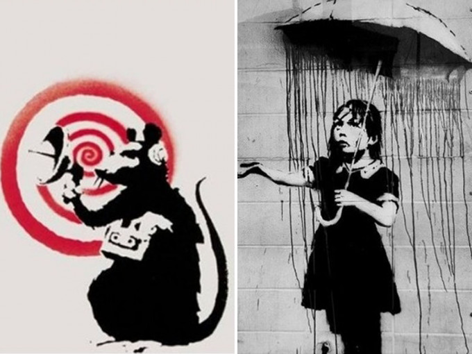 Banksy两幅作品《雷达老鼠》（左）和《撑伞的女孩》（右）。