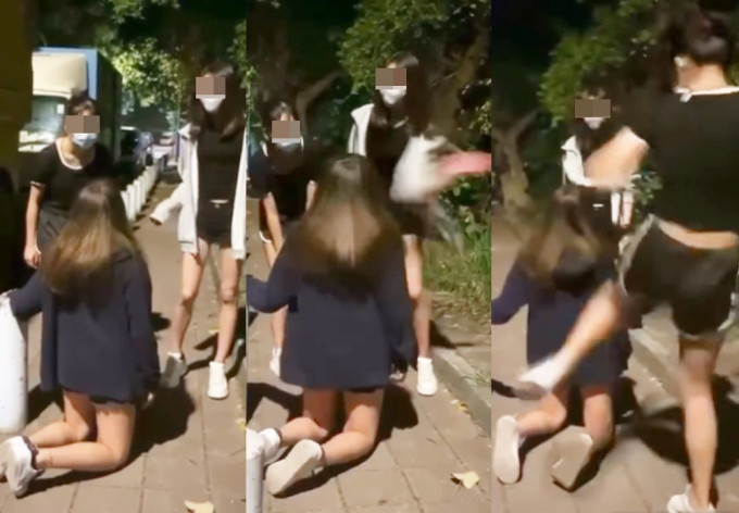 天水圍童黨狂摑少女逾30巴，又迫對方踢腹背。影片截圖
