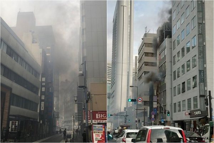日本大阪市中心一棟大樓發生火警，至少27人呼吸停止。twitter圖片