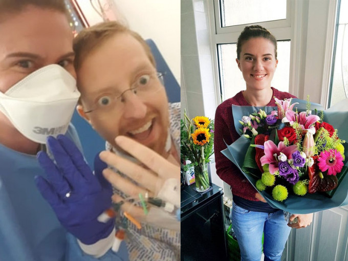 英国一名放射治疗师因新冠肺炎并发症导致全身瘫痪，用「唇语」求婚16天后奇迹康复。(FB图)
