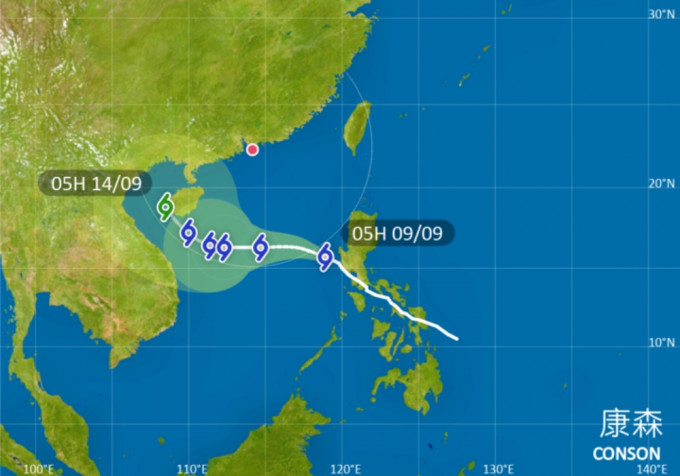 按照现时预测路径，「康森」会在未来数天横过南海。