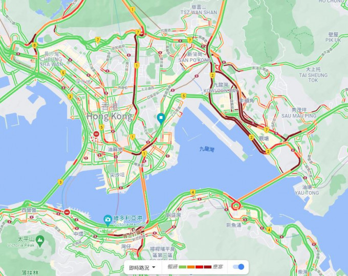 观塘道及观塘绕道为重灾区。Google实时路况截图