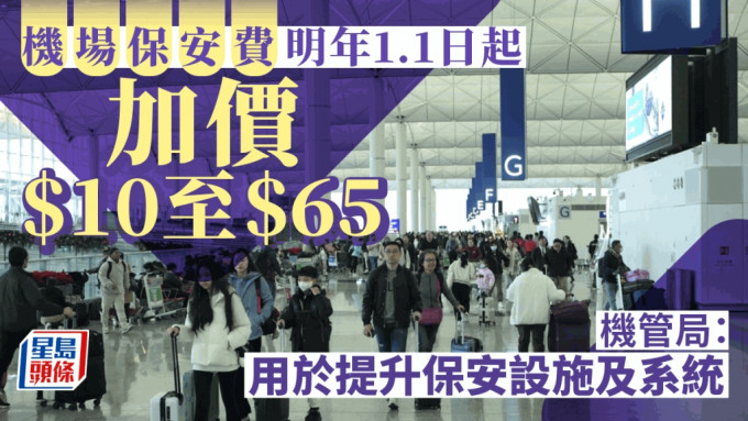 香港机场管理局公布，香港国际机场旅客保安费计划于2025年1月1日起，由港币55元调整至65元。