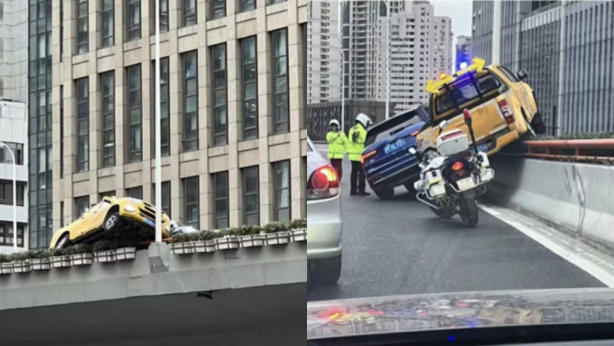 上海高架天橋昨日發生一宗私家車與工程車互不相讓的事件。