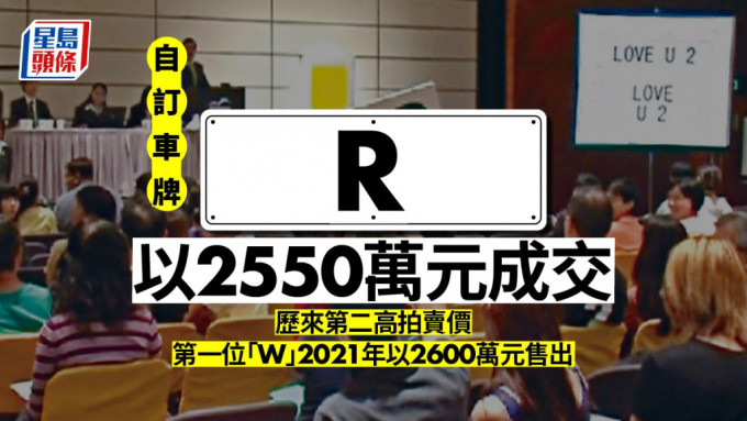 自訂車牌「R」以2550萬元成交。