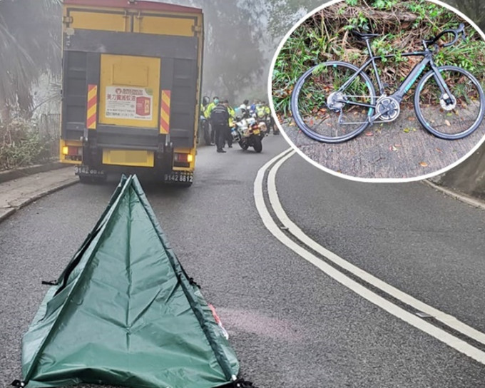 警方以帳篷遮蓋死者遺體。小圖為肇事單車。