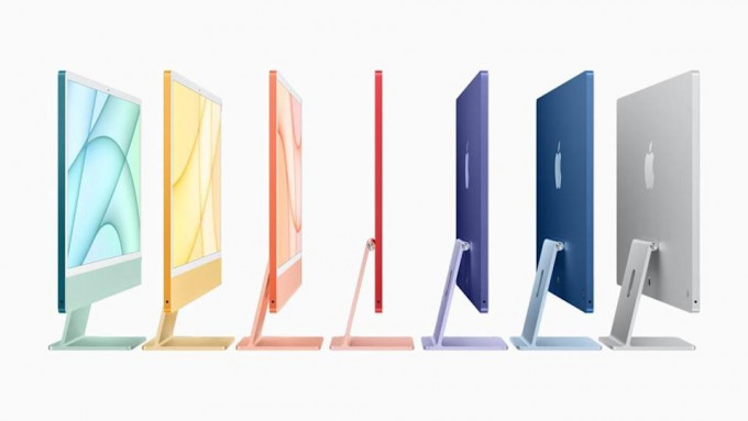 iMac可选择8核CPU和8核GPU高阶版，具备7种颜色选择，配搭Apple silicon的自家制造M1晶片。