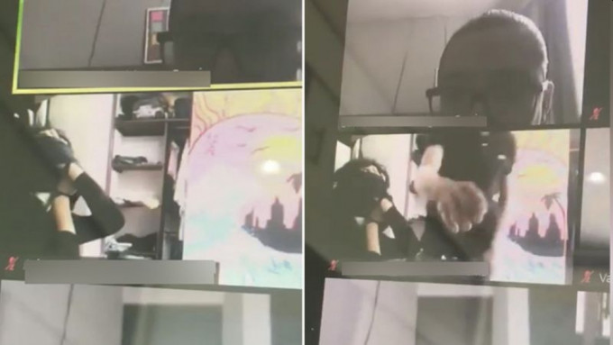 由Zoom的視像會議軟件可見，穿黑衫的女生遭綑綁雙手，劫匪(右)察覺不對勁，壓低了電腦攝像鏡頭。(網圖)