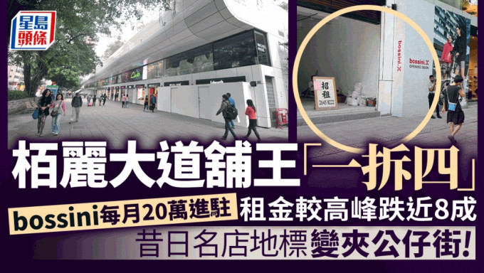 尖沙咀栢丽大道铺王「一拆四」bossini每月20万进驻 租金较高峰跌近8成 12年前名店抢租