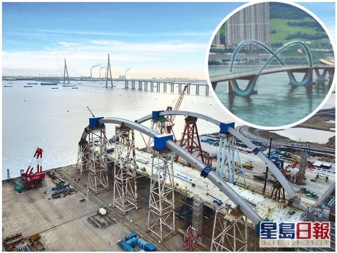 雙拱鋼橋在鄰近上海的南通市建造。(小圖為跨灣連接路構想圖)