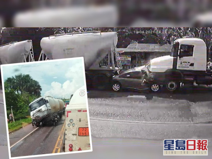 私家車被水泥車大力撞擊慘變如夾心三文治般一秒間被壓扁。twitter