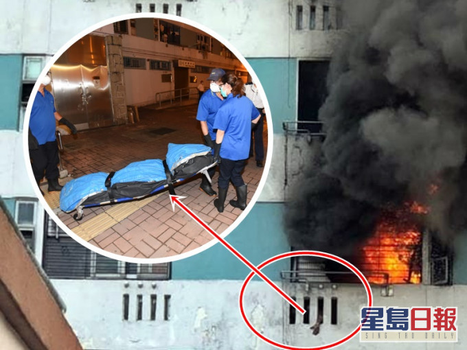 仵工将死者遗体舁送殓房。(死者手部,红圈示)