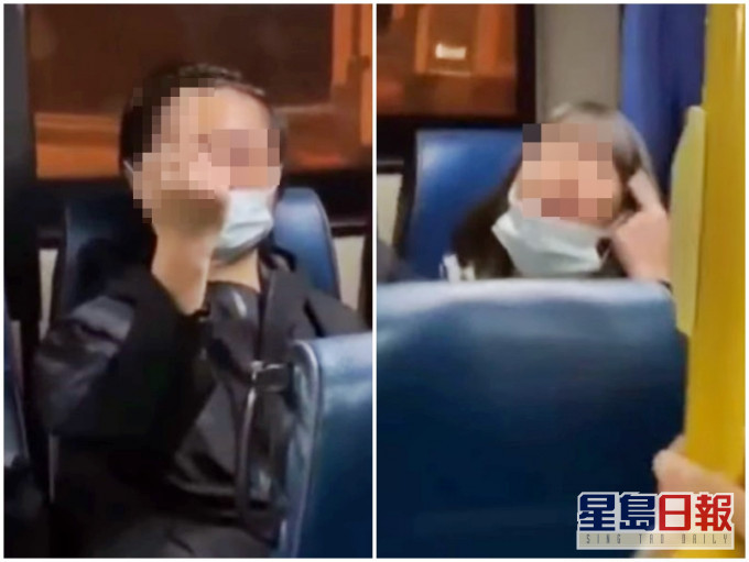 一對情侶因無戴好口罩而被巴士車長勸喻,女方聲大夾惡反罵車長「無腦」,期間男方更突然拍掌及舉中指。影片截圖