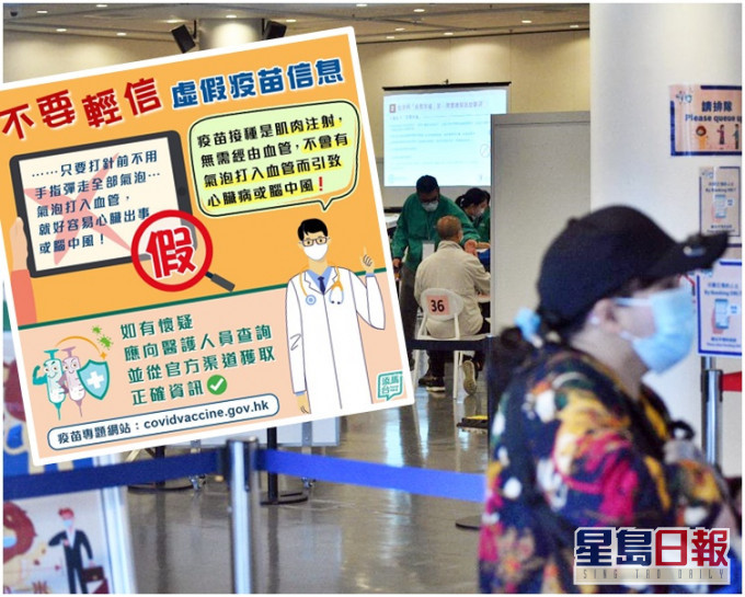 政府澄清網上虛假疫苗信息,指説法完全沒有醫學根據。小圖為fb《添馬台》圖片