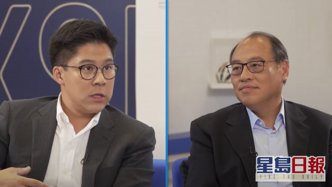 体育学院主席林大辉访问港协暨奥委会副会长霍启刚(左)。(《大辉主场》节目截图)