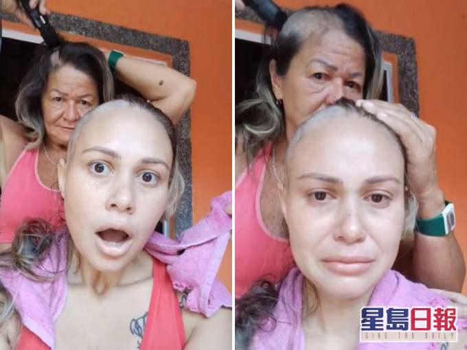 患癌女化療甩髮剃光頭,巴西媽媽陪削髮與愛女相伴同行。(網圖)