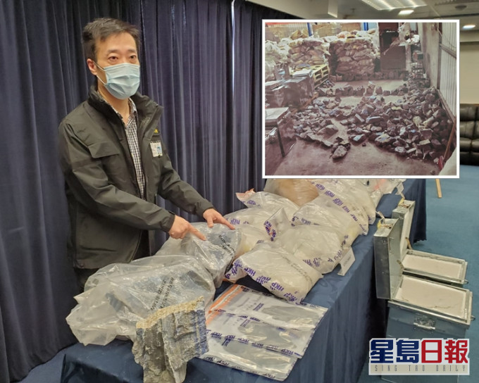 警方在仓库内发现近1吨重石头,并在石头内起出43公斤冰毒。 蔡楚辉摄