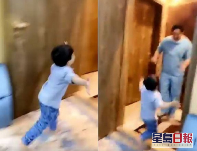 一名小孩歡喜地直奔向剛從醫院回家的醫護爸爸。網圖