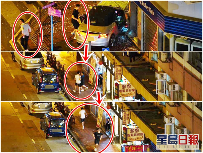 奧迪上兩名分別穿白衣及黑衣的男子棄車沿上海街逃離現場。fb「馬路的事討論區」Hodge Lau圖片