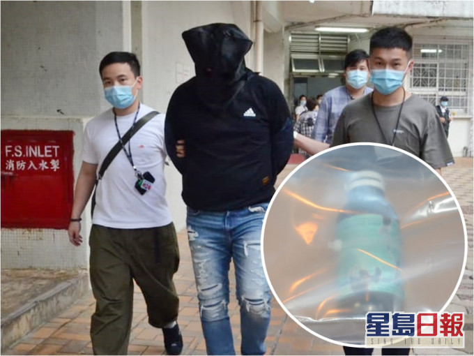 3名男女涉嫌向學校投擲玻璃藥瓶被捕。圖為被捕男子、小圖為玻璃藥瓶。李子平攝