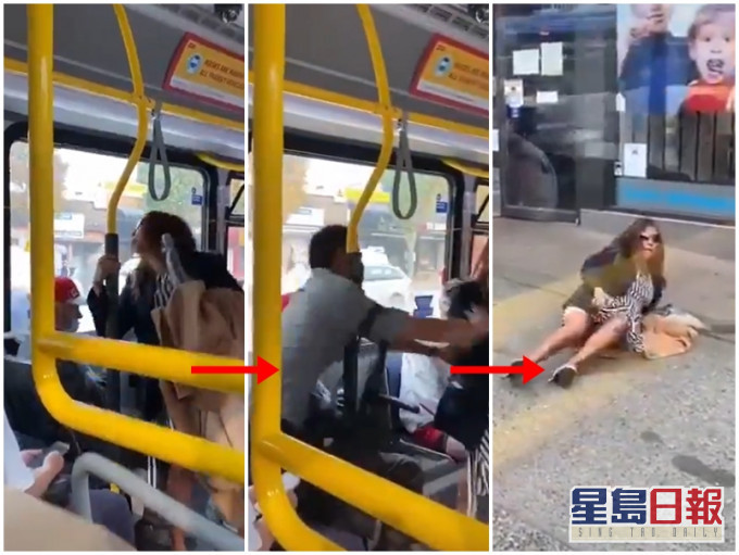 加拿大溫哥華一名大媽在巴士上拒戴口罩,更向一名勸阻她的乘客吐口水,之後被對方踢出車外。