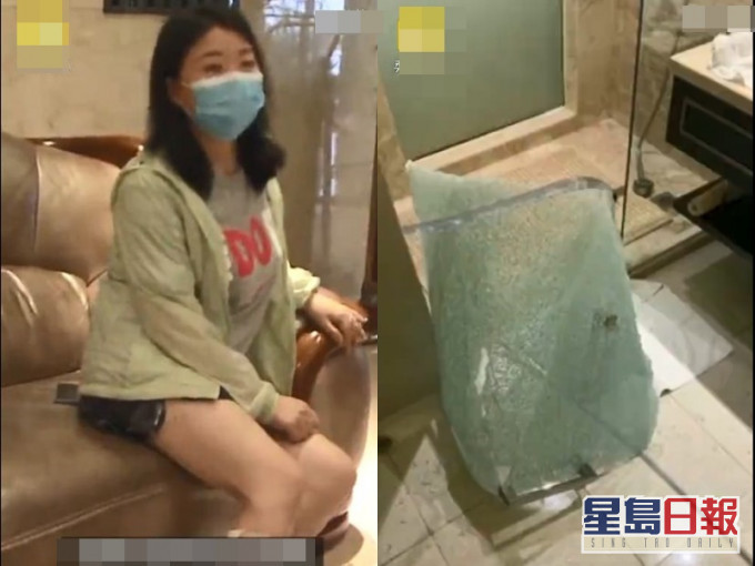 酒店浴室門突然爆裂，令女子身上多處被玻璃割傷。影片截圖