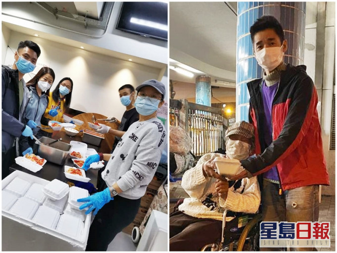 伍頌良(右)秉承「明哥」幫助基層的理念,親身派飯給有需要人士。「致麗同心-油麻地」Facebook圖片